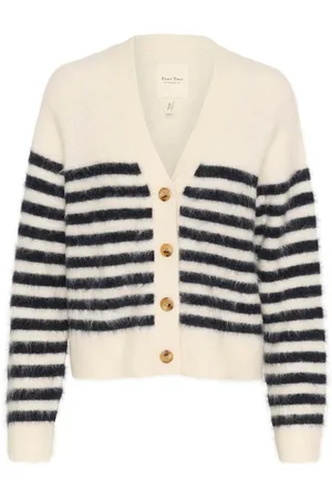 Part Two Truien, Dames, Blauw, L, Polyester, Navy gestreepte gebreide trui met knopen