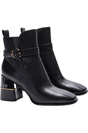Tory Burch Schoenen, Dames, Zwart, 37 EU, Leer, Zwarte leren enkellaarsjes met hak
