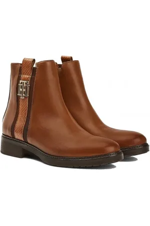 Tommy Hilfiger Schoenen, Dames, Bruin, 36 EU, Katoen, Leren Enkellaarsjes