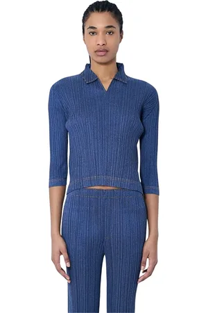 Issey Miyake Tops, Dames, Blauw, L, Katoen, Geplooide Polo Lange Mouw Top