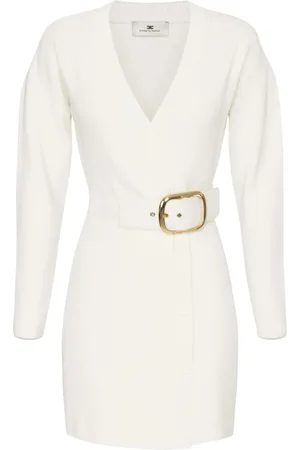 Elisabetta Franchi Kleedjes, Dames, , M, Leer, Ivoor Mini Jurk met Gekruiste Halslijn