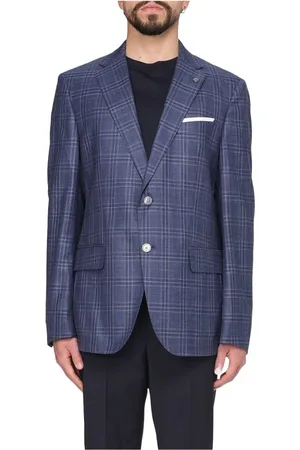 HUGO BOSS Jassen, Heren, Blauw, XL, Wol, Geruite Jas van Wolmix met Linnen