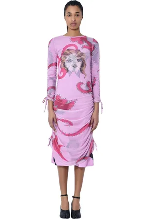 Chopova Lowena Kleedjes, Dames, Roze, M, Polyester, Gedrukte Mesh Gerimpelde Midi Jurk