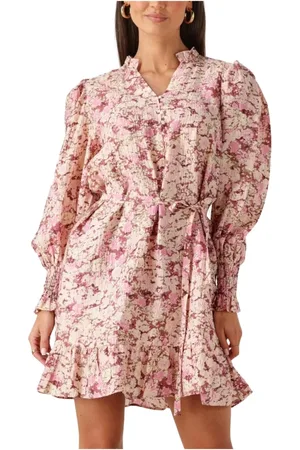 Modstrom Kleedjes, Dames, Veelkleurig, M, Denim, Roze Bloemenprint Lange Mouw Jurk