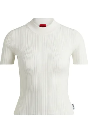 HUGO BOSS Truien, Dames, Wit, M, Geribbelde Trui met Korte Mouwen en Opstaande Kraag