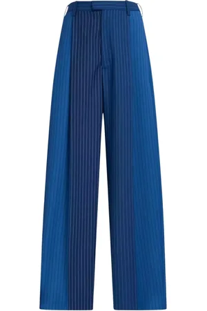 Marni Broeken, Dames, Blauw, 3Xs, Wol, Blauwe Wollen Gestreepte Wijde Pijp Broek