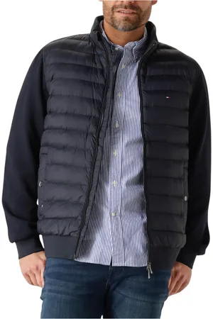 Tommy Hilfiger Jassen, Heren, Blauw, XL, Polyester, Blauw Gewatteerd Jack Mix Media Opstaande Kraag