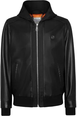 Philipp Plein Jassen, Heren, Zwart, S, Leer, Hooded Bomber Jacket