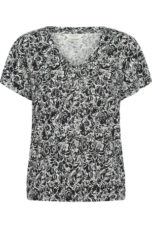 Part Two Tops, Dames, Zwart, S, Katoen, Rose Print V-Neck T-Shirt