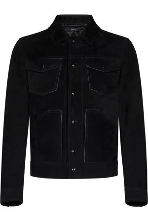 Tom Ford Jassen, Heren, Zwart, M, Leer, Zwarte leren jas met logo-drukknoopsluiting