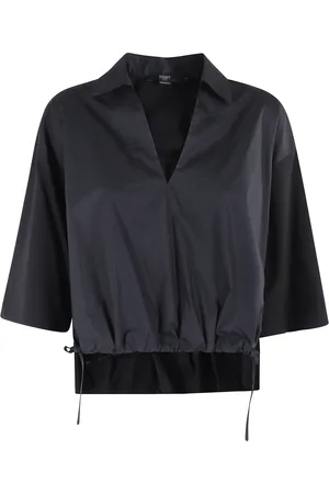 SEVENTY BY SERGIO TEGON Blouses & Shirts, Dames, Zwart, S, Katoen, Zwarte Blouse met Koord en V-Hals