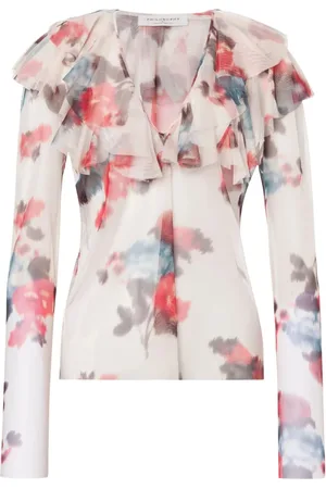 Serafini Blouses & Shirts, Dames, Veelkleurig, S, Beige Top met Bloemenprint en Ruffles