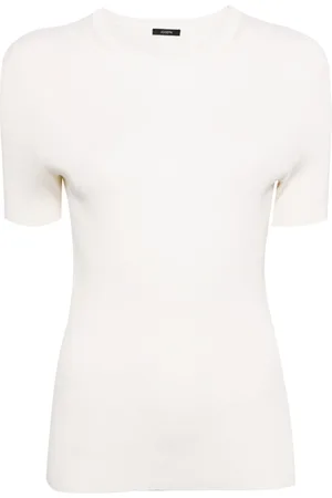 Joseph Tops, Dames, Wit, M, Satijn, Satijnen Ribgebreide T-shirt met Korte Mouwen