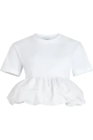 Patou Tops, Dames, Wit, M, Witte Ruffle Hem Crew Neck Shirt