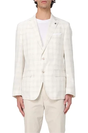 HUGO BOSS Jassen, Heren, Wit, M, Wol, Geruite jas van wol en linnen