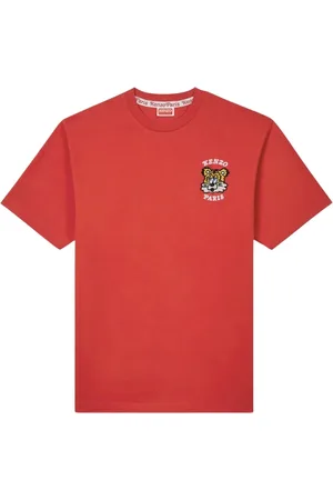 Kenzo Tops, Heren, Oranje, S, Katoen, Geborduurd katoenen T-shirt met zijlogo