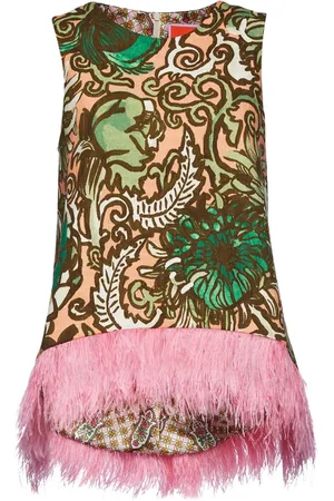 La DoubleJ Tops, Dames, Roze, S, Katoen, Top met veren en trapezevorm
