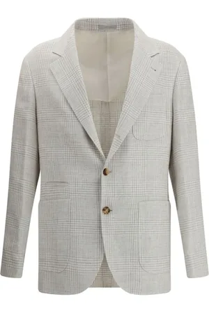 Brunello Cucinelli Jassen, Heren, Grijs, L, Linnen, Geruite Linnen Blazer met Revers