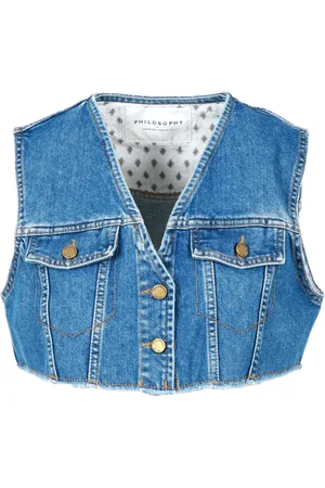 Serafini Jassen, Dames, Blauw, M, Denim, Denim Vest met Klepzakken en Knopen