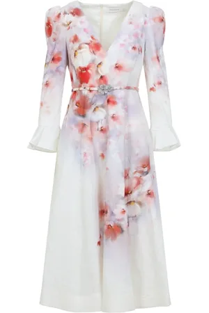 ZIMMERMANN Kleedjes, Dames, Veelkleurig, S, Linnen, Bloemenjurk met Volant Mouwen en Midi-lengte