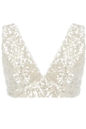 Serafini Tops, Dames, , M, Pailletten, Ivory Sequin V-Neck Mouwloze Top