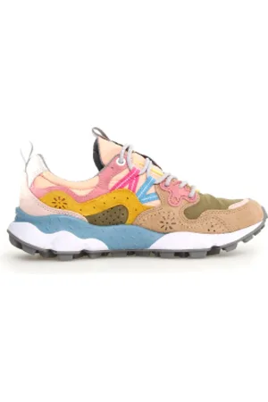 Flower Mountain Schoenen, Dames, Veelkleurig, 38 EU, Suède, Beige Sneakers met Roze en Gele Accents