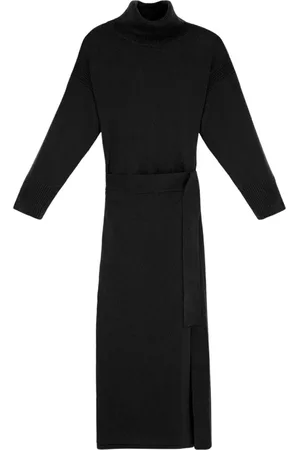 YVES SALOMON Kleedjes, Dames, Zwart, S, Wol, Zwarte Jurk met Riem Elegante Tijdloze Stijl