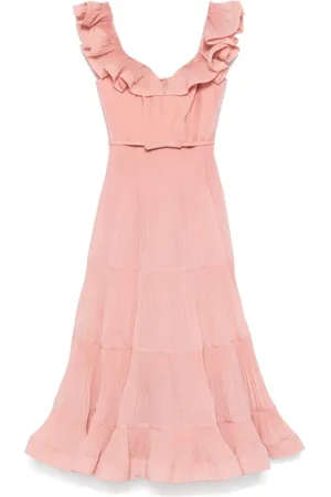 ZIMMERMANN Kleedjes, Dames, Roze, M, Katoen, Geplooide Franje Midi Jurk
