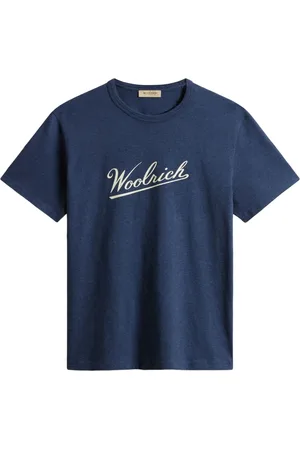 Woolrich Tops, Heren, Blauw, S, Katoen, T-shirt met ronde hals en bedrukt logo