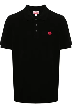 Kenzo Tops, Heren, Zwart, L, Katoen, Zwart Polo Shirt met Geborduurde Bloem