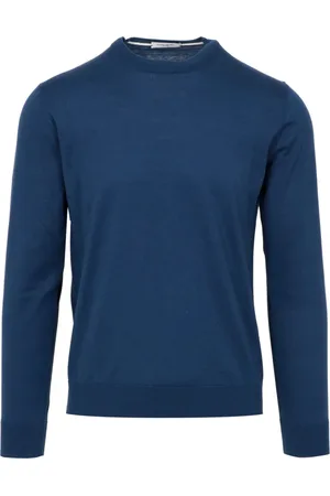 Paolo Pecora Truien, Heren, Blauw, 2Xl, Katoen, Blauwe Zijde Katoen Trui Geribbelde Hals