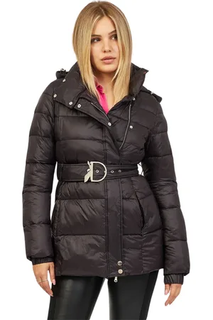 Patrizia Pepe Jassen, Dames, Zwart, M, Kort donsjack met hoge kraag en logoriem