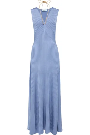 Blugirl Kleedjes, Dames, Blauw, XS, Geribbelde V-hals Jurk met Drapering