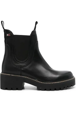 Tommy Hilfiger Schoenen, Dames, Zwart, 38 EU, Leer, Zwarte Leren Chelsea Laarzen met Halfhoge Hak
