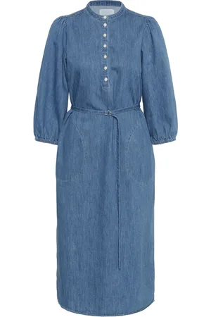 Part Two Kleedjes, Dames, Blauw, 3Xl, Denim, Blauwe denim jurk met driekwart mouwen