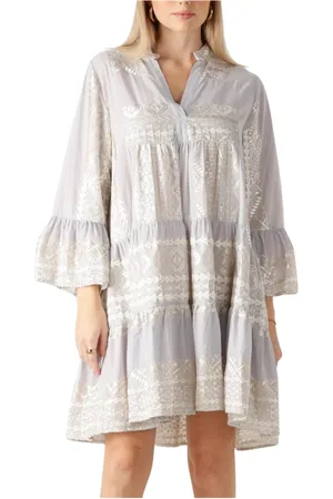 Greek Archaic Kori Kleedjes, Dames, Veelkleurig, M, Katoen, Lichtgrijze Mini Jurk voor de Zomer