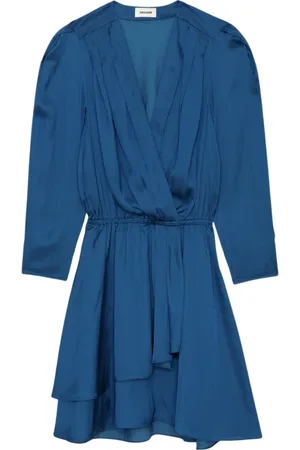 Zadig & Voltaire Kleedjes, Dames, Blauw, L, Satijn, Japanse satijnen jurk met gekruiste halslijn