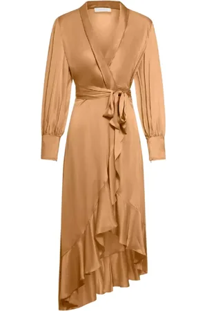 ZIMMERMANN Kleedjes, Dames, Bruin, L, Silk Wrap Midi Jurk