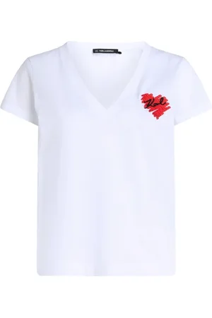 Karl Lagerfeld Tops, Dames, Wit, M, Katoen, T-shirt met ronde hals en hartlogo
