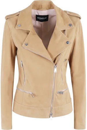 Dondup Jassen, Dames, Bruin, S, Suède, Biscuit Suède Leren Jas met Rits