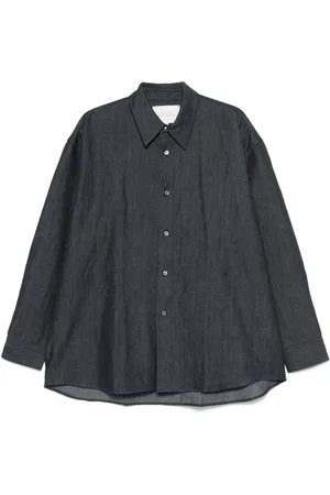STUDIO NICHOLSON Overhemden, Heren, Blauw, M, Blauwe Button-Up Shirt met Box-Pleat Detail