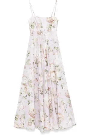 ZIMMERMANN Kleedjes, Dames, Veelkleurig, M, Linnen, Acacia Lilac Floral Bandeau Midi Jurk