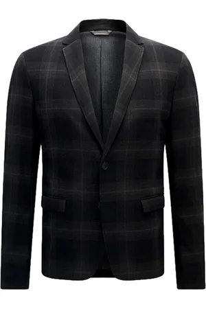 HUGO BOSS Jassen, Heren, Zwart, M, Polyester, Blauw Geruit Slim Fit Jasje