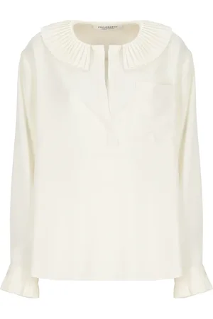 Serafini Blouses & Shirts, Dames, , M, Ivory Blouse met Geplooide Kraag en Franjes