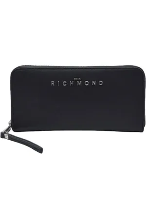 John Richmond Accessoires, Dames, Zwart, ONE Size, Leer, Zilver Logo Leren Portemonnee met Rits