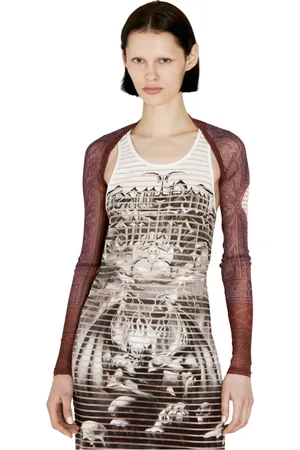 Jean Paul Gaultier Tops, Dames, Bruin, S, Mesh Longsleeve Shawl met Cartouche Print