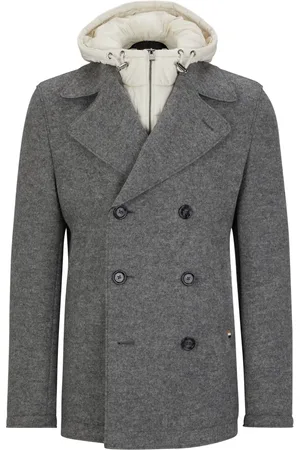 HUGO BOSS Jassen, Heren, Grijs, M, Wol, Slanke wollen jas met dubbele rij knopen en capuchon met rits
