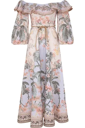 ZIMMERMANN Kleedjes, Dames, Veelkleurig, M, Linnen, Wylie Off-Shoulder Midi Jurk
