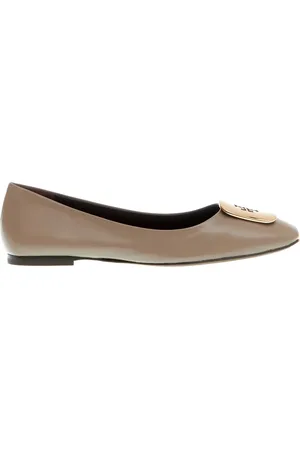 Tory Burch Schoenen, Dames, Bruin, 38 EU, Leer, Gold Logo Mud Leren Ballerina`s