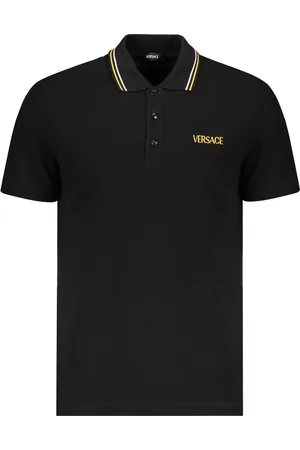 VERSACE Tops, Heren, Zwart, XL, Katoen, Geborduurd katoenen poloshirt met gestreept detail